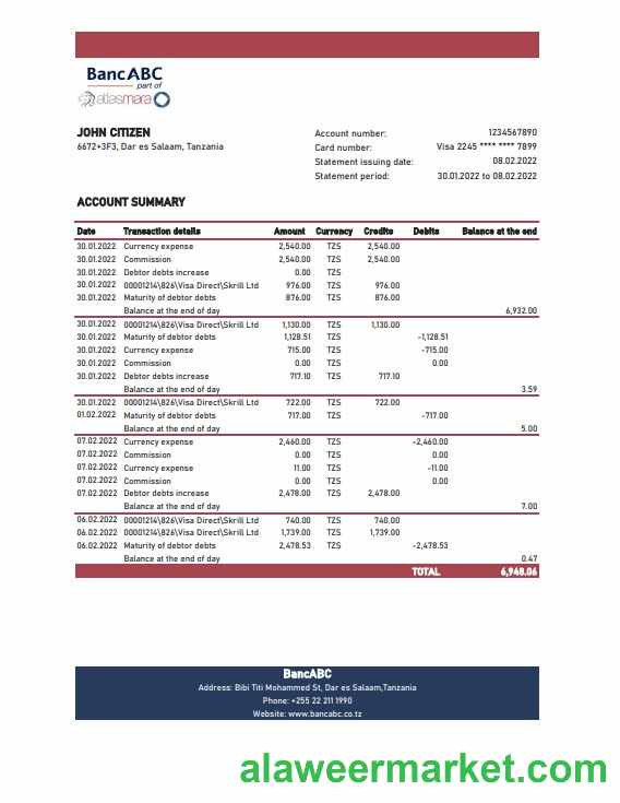 Tanzania BancABC bank statement, Excel and PDF template